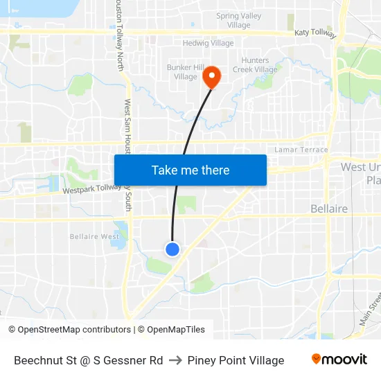 Beechnut St @ S Gessner Rd to Piney Point Village map