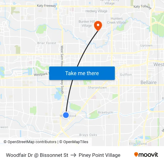 Woodfair Dr @ Bissonnet St to Piney Point Village map