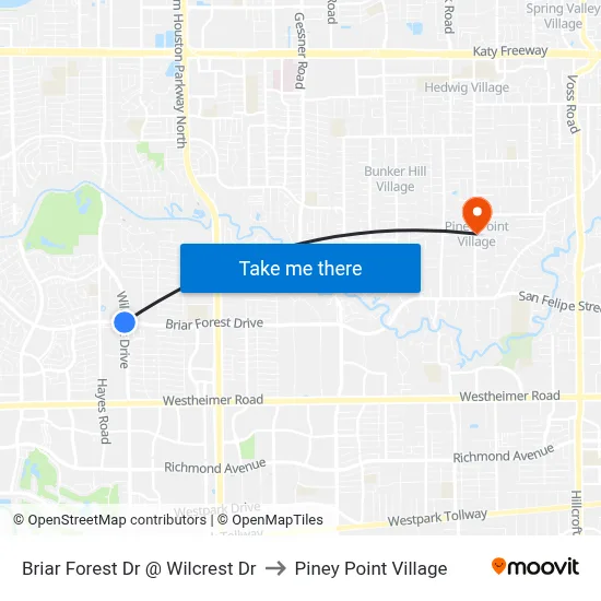 Briar Forest Dr @ Wilcrest Dr to Piney Point Village map