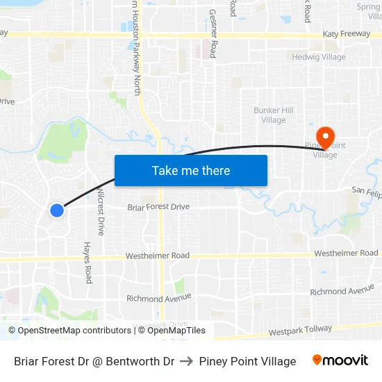 Briar Forest Dr @ Bentworth Dr to Piney Point Village map