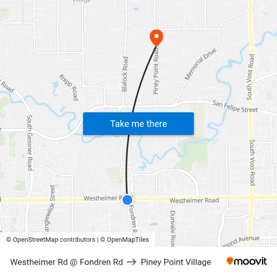 Westheimer Rd @ Fondren Rd to Piney Point Village map