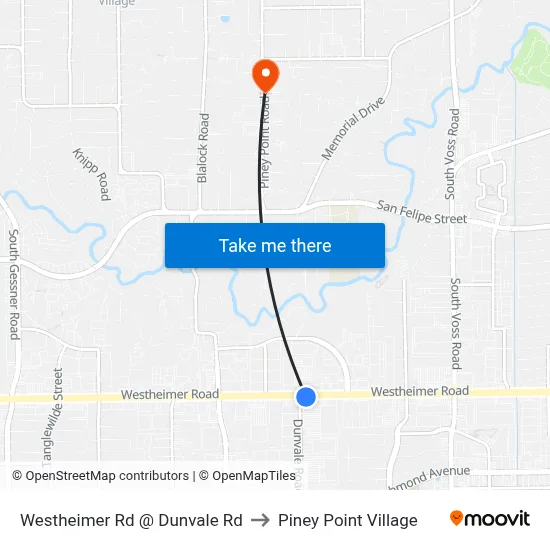 Westheimer Rd @ Dunvale Rd to Piney Point Village map