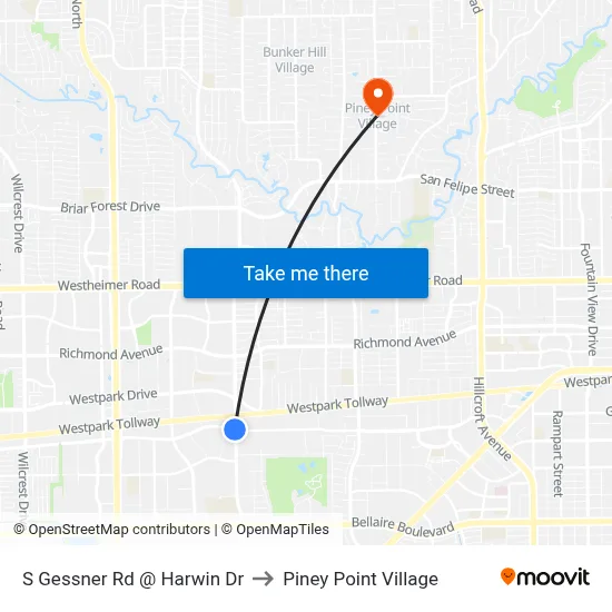 S Gessner Rd @ Harwin Dr to Piney Point Village map