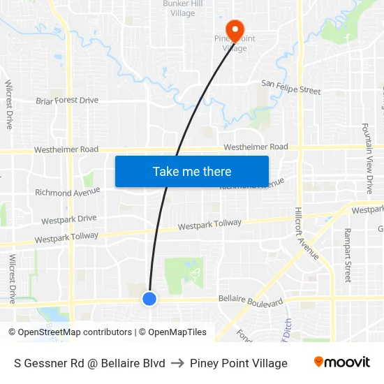 S Gessner Rd @ Bellaire Blvd to Piney Point Village map