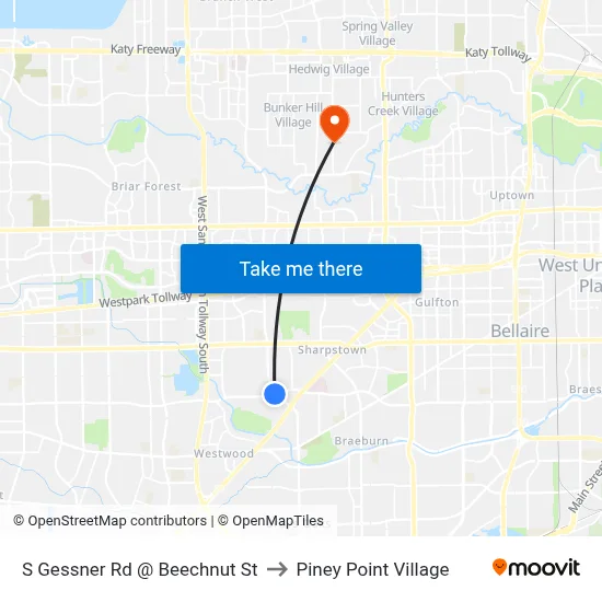 S Gessner Rd @ Beechnut St to Piney Point Village map