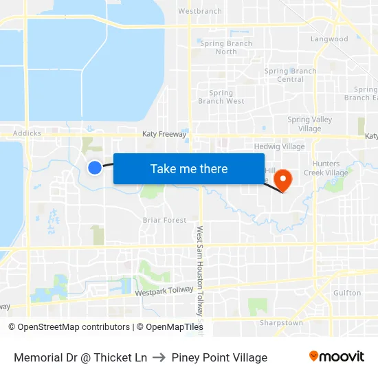 Memorial Dr @ Thicket Ln to Piney Point Village map