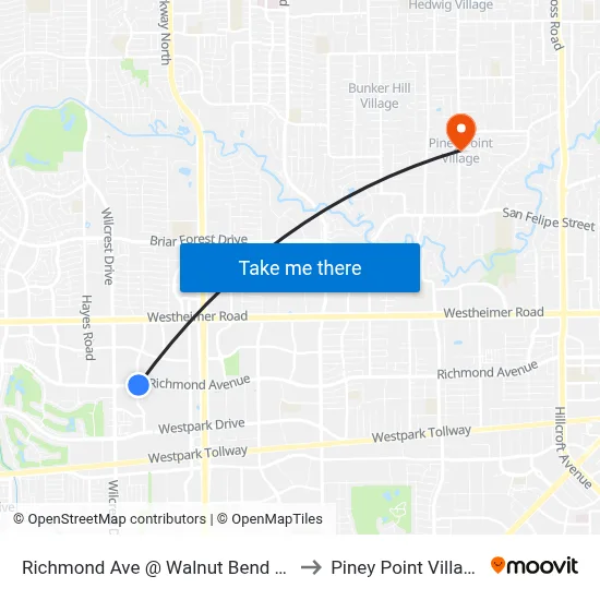 Richmond Ave @ Walnut Bend Ln to Piney Point Village map