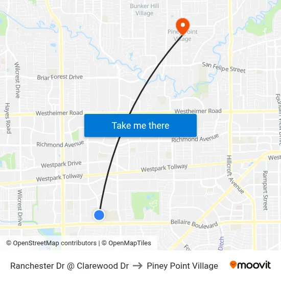 Ranchester Dr @ Clarewood Dr to Piney Point Village map