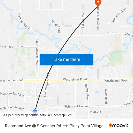Richmond Ave @ S Gessner Rd to Piney Point Village map