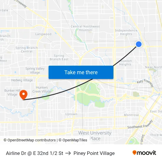 Airline Dr @ E 32nd 1/2 St to Piney Point Village map