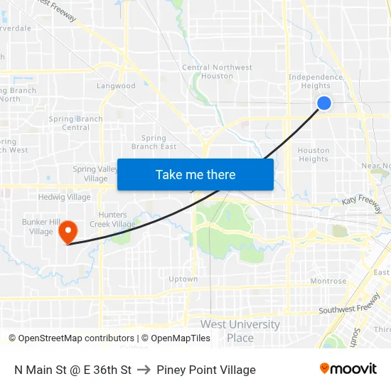 N Main St @ E 36th St to Piney Point Village map