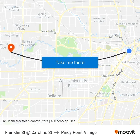 Franklin St @ Caroline St to Piney Point Village map
