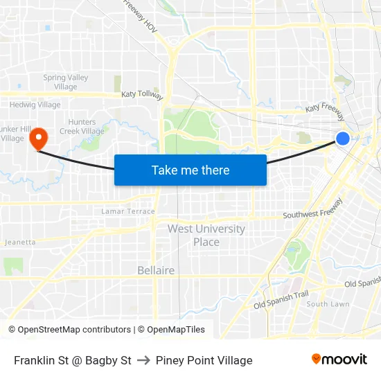 Franklin St @ Bagby St to Piney Point Village map