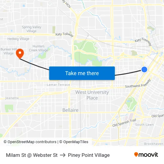 Milam St @ Webster St to Piney Point Village map