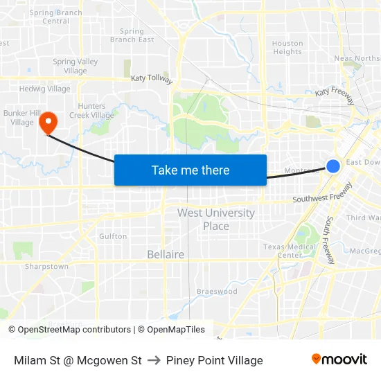 Milam St @ Mcgowen St to Piney Point Village map