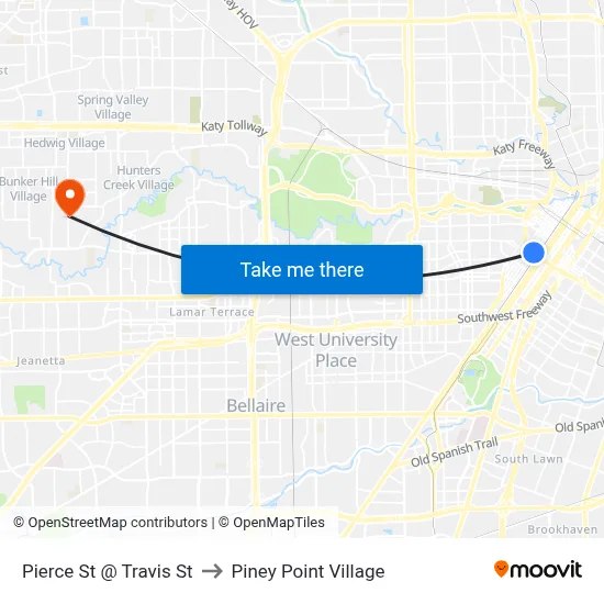 Pierce St @ Travis St to Piney Point Village map