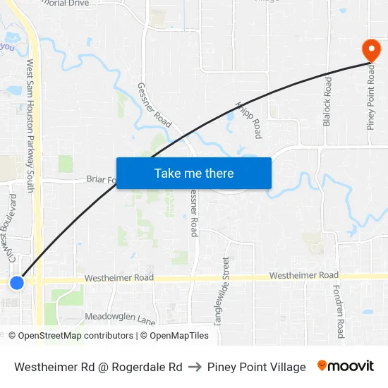 Westheimer Rd @ Rogerdale Rd to Piney Point Village map