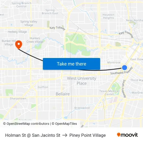 Holman St @ San Jacinto St to Piney Point Village map