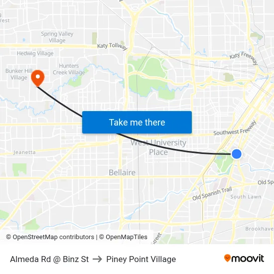 Almeda Rd @ Binz St to Piney Point Village map