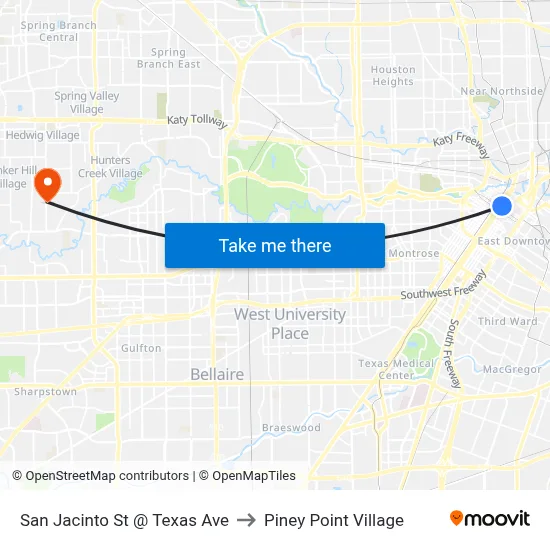 San Jacinto St @ Texas Ave to Piney Point Village map