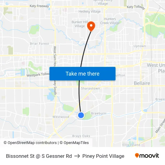 Bissonnet St @ S Gessner Rd to Piney Point Village map