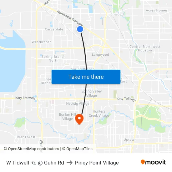 W Tidwell Rd @ Guhn Rd to Piney Point Village map