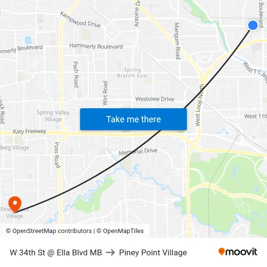 W 34th St @ Ella Blvd MB to Piney Point Village map