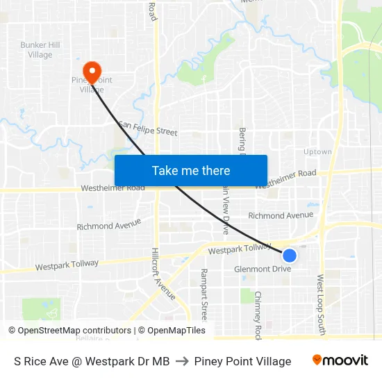 S Rice Ave @ Westpark Dr MB to Piney Point Village map