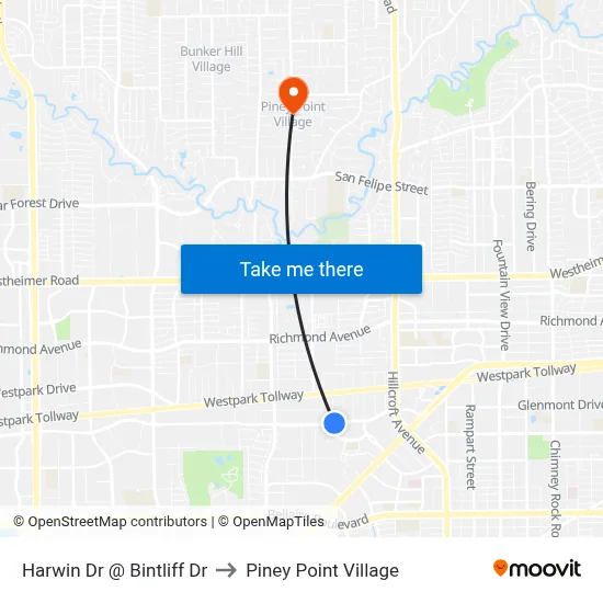 Harwin Dr @ Bintliff Dr to Piney Point Village map