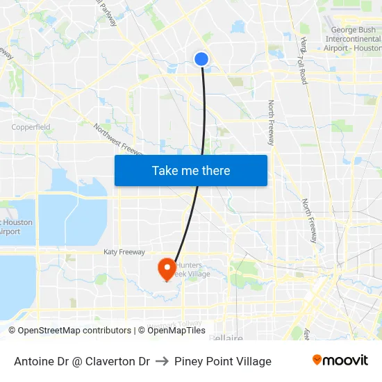 Antoine Dr @ Claverton Dr to Piney Point Village map