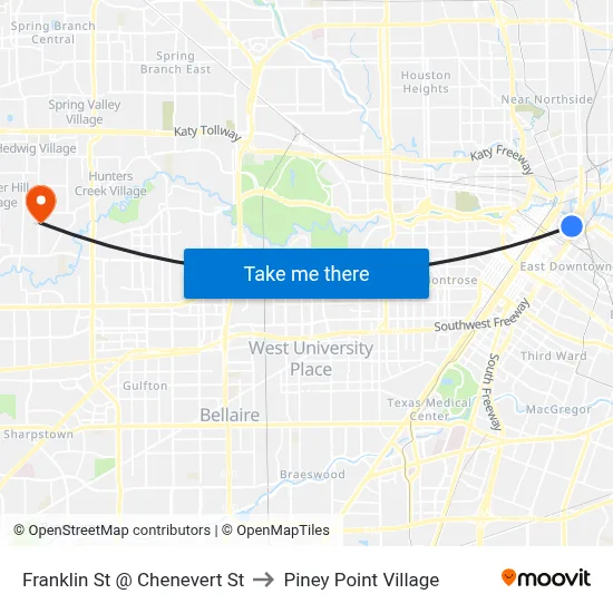 Franklin St @ Chenevert St to Piney Point Village map