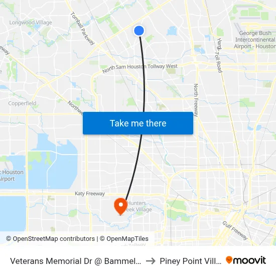 Veterans Memorial Dr @ Bammel North to Piney Point Village map