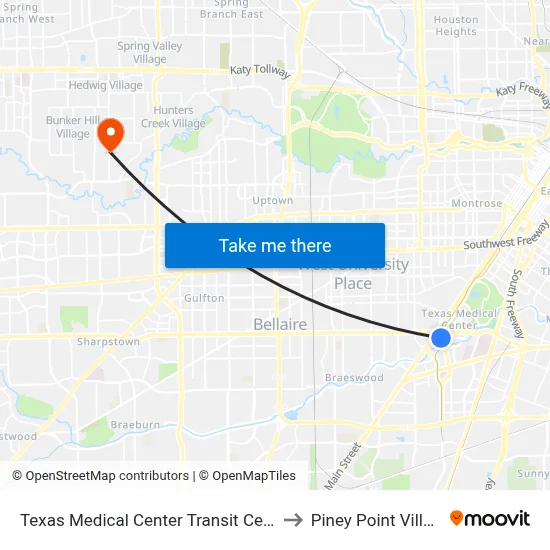 Texas Medical Center Transit Center to Piney Point Village map
