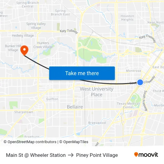 Main St @ Wheeler Station to Piney Point Village map