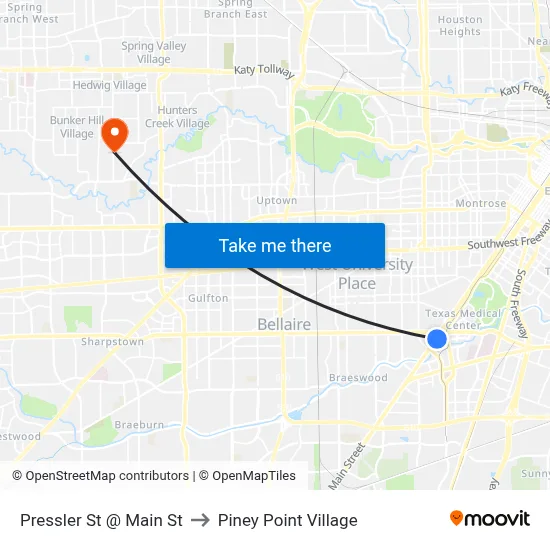 Pressler St @ Main St to Piney Point Village map