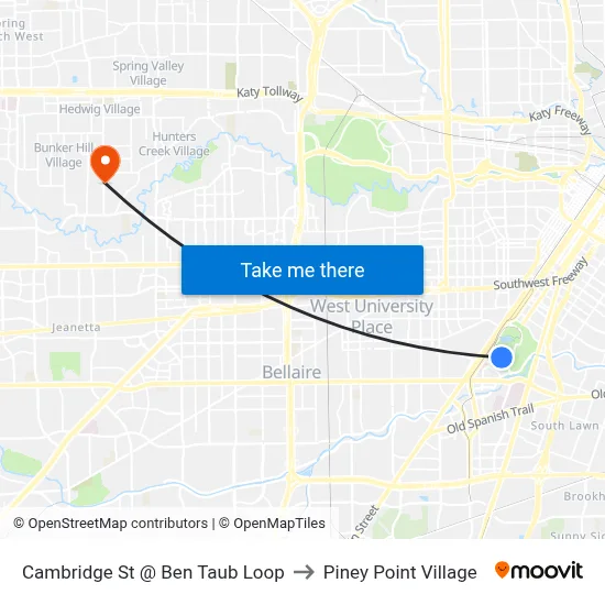 Cambridge St @ Ben Taub Loop to Piney Point Village map
