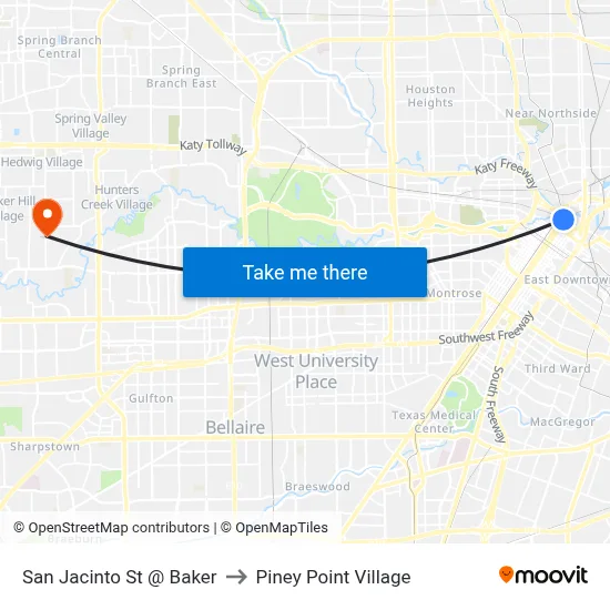 San Jacinto St @ Baker to Piney Point Village map
