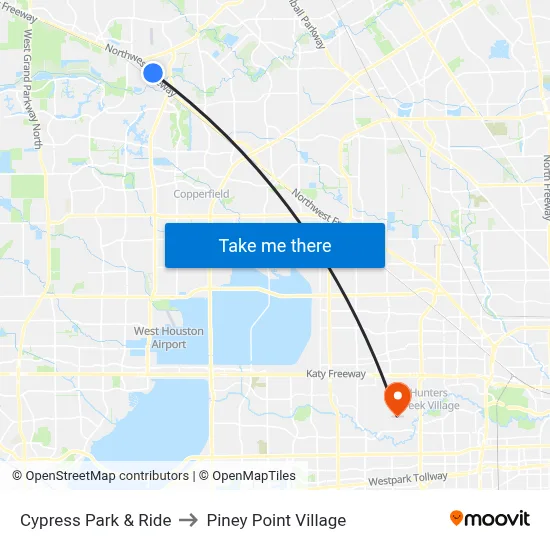 Cypress Park & Ride to Piney Point Village map