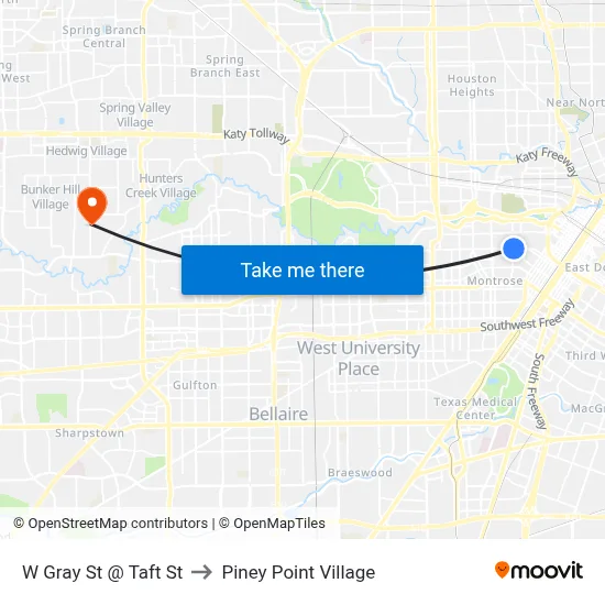 W Gray St @ Taft St to Piney Point Village map