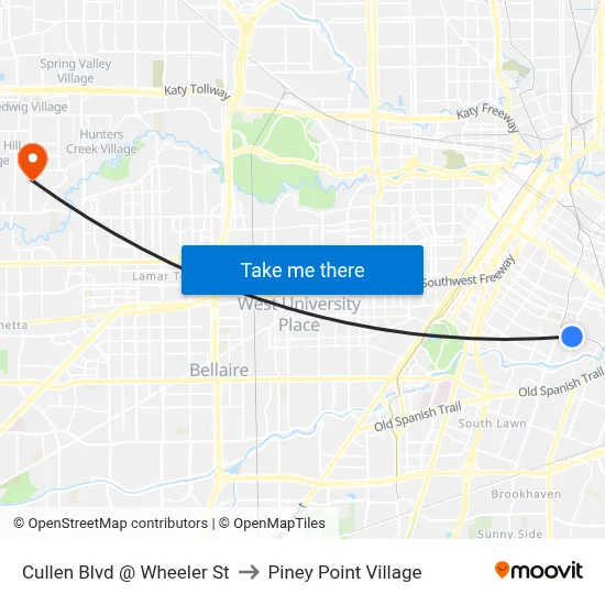 Cullen Blvd @ Wheeler St to Piney Point Village map