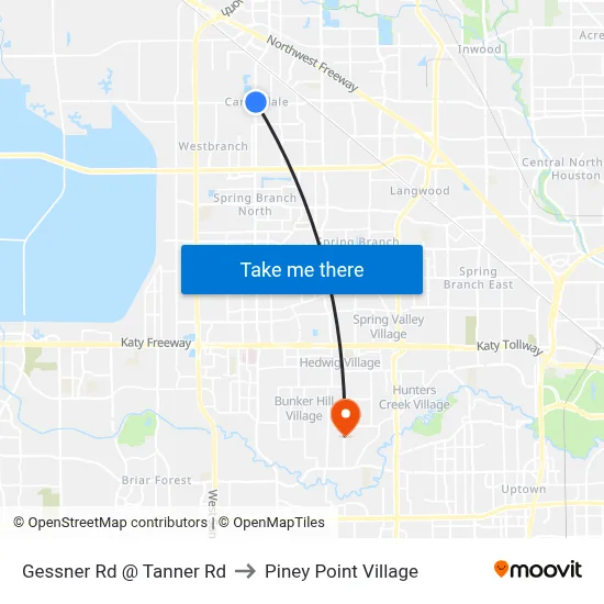 Gessner Rd @ Tanner Rd to Piney Point Village map