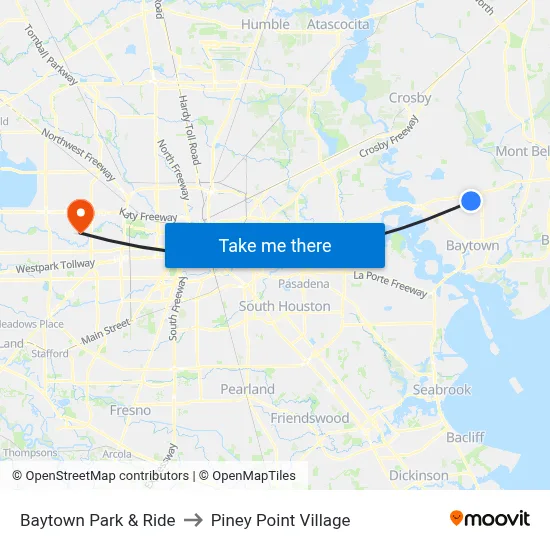 Baytown Park & Ride to Piney Point Village map