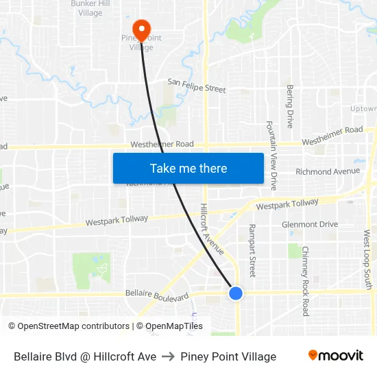 Bellaire Blvd @ Hillcroft Ave to Piney Point Village map