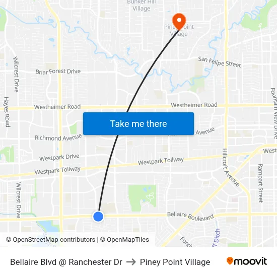 Bellaire Blvd @ Ranchester Dr to Piney Point Village map