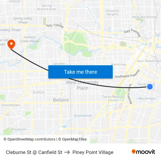 Cleburne St @ Canfield St to Piney Point Village map