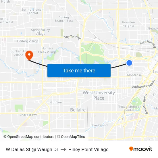 W Dallas St @ Waugh Dr to Piney Point Village map