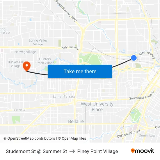 Studemont St @ Summer St to Piney Point Village map