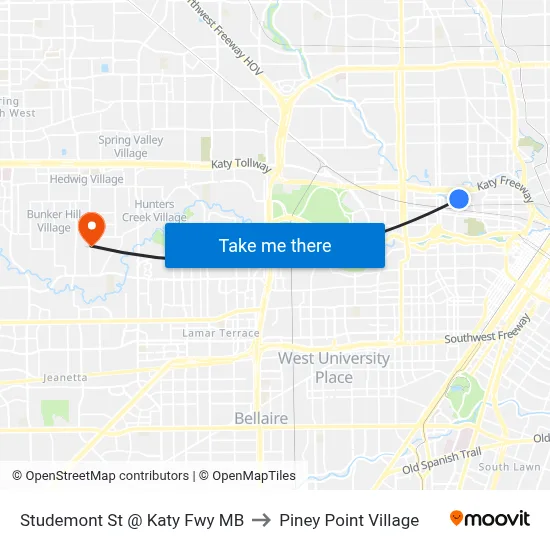 Studemont St @ Katy Fwy MB to Piney Point Village map