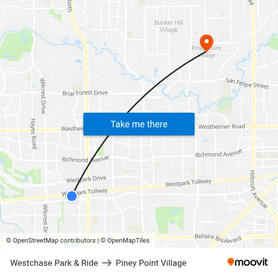 Westchase Park & Ride to Piney Point Village map