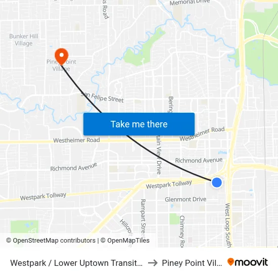 Westpark / Lower Uptown Transit Center to Piney Point Village map